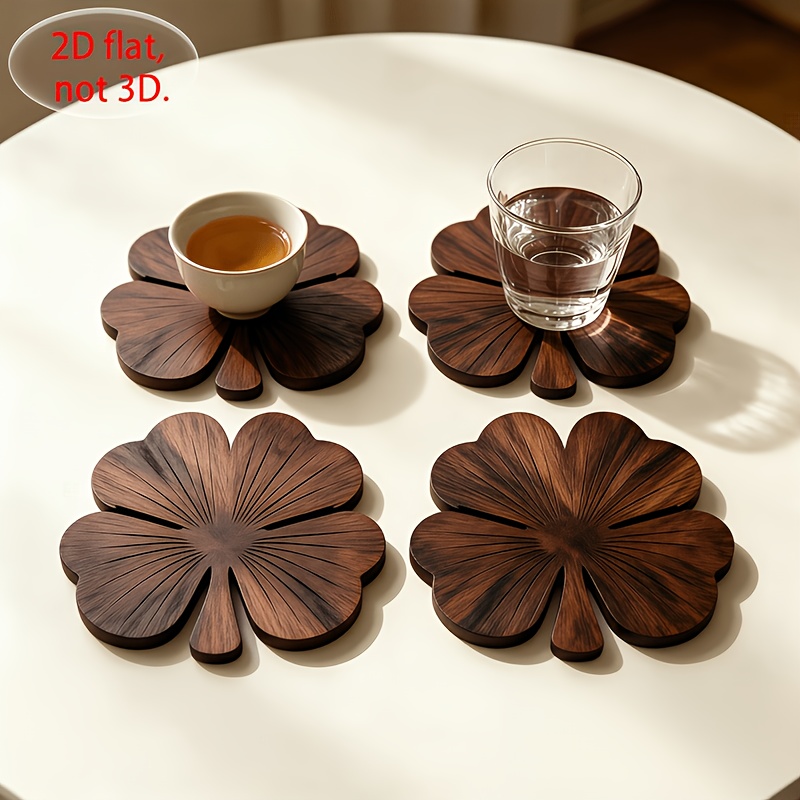Coffee Tea Games - 4Pcs 2D Flat Clover Wooden Coasters,